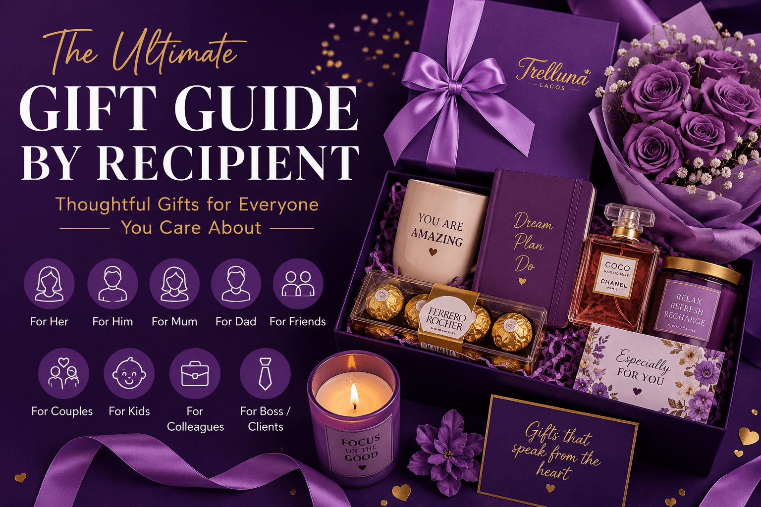 Purple gift guide cover showing a luxury gift box, flowers, perfume, candle, chocolates, journal, and recipient categories like her, him, mum, dad, friends, couples, kids, colleagues, bosses, and clients.