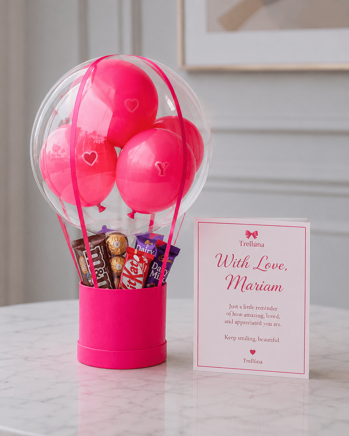 Trelluna hot air balloon treats gift package with assorted treats and customized card