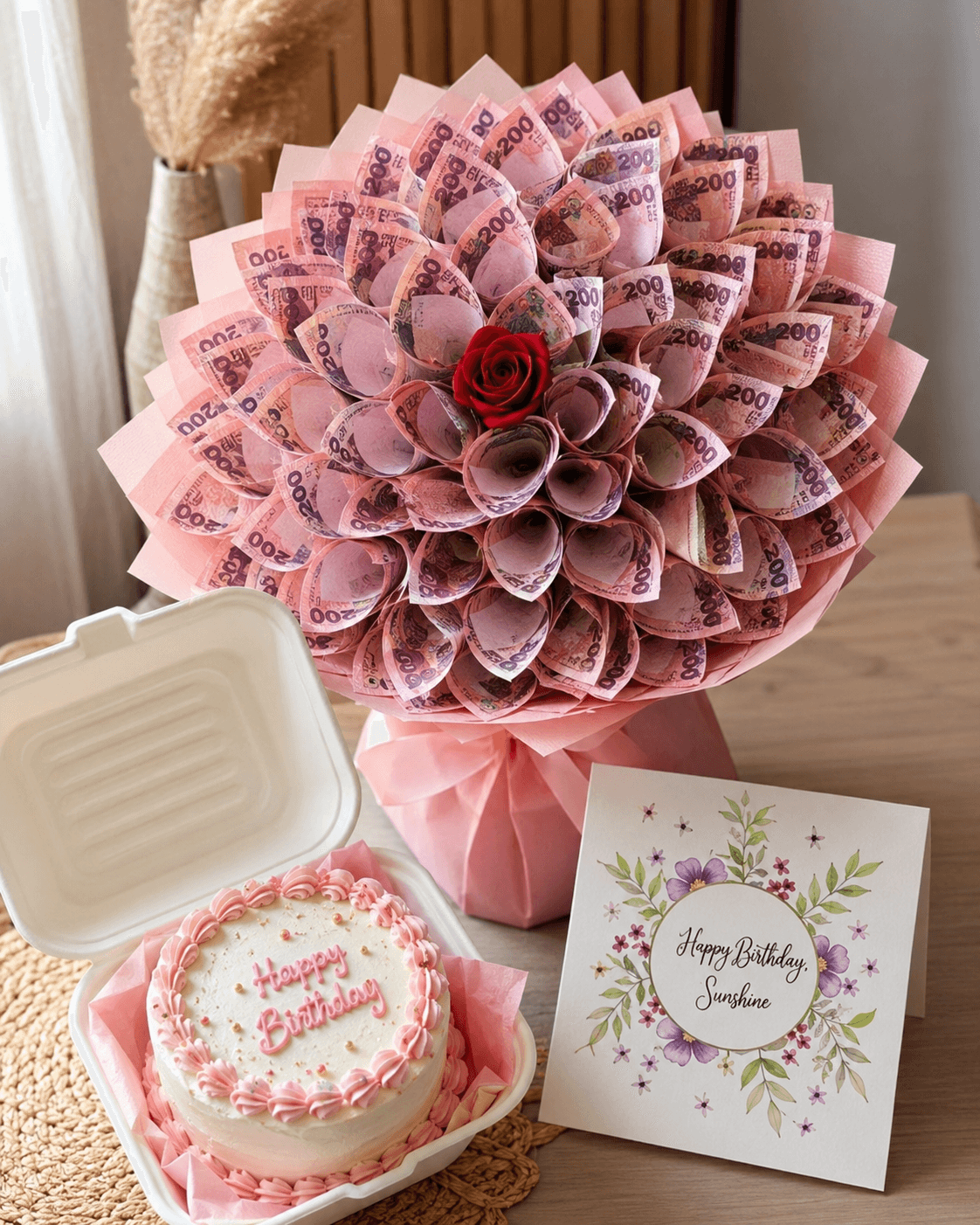 Trelluna ₦20,000 money bouquet with bento cake and customised card