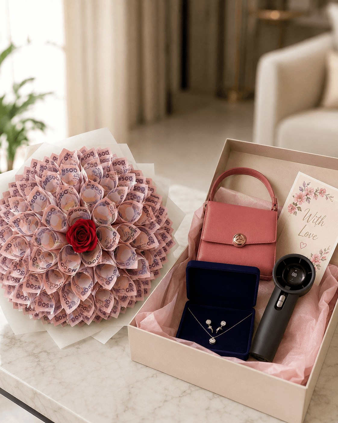 Trelluna ₦20,000 money bouquet with rose, jewelry, fashion handbag, rechargeable hand fan, card and decor box