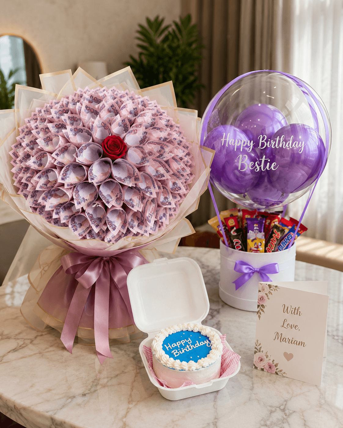 Trelluna ₦30,000 money bouquet with hot air balloon, bento cake and customized card