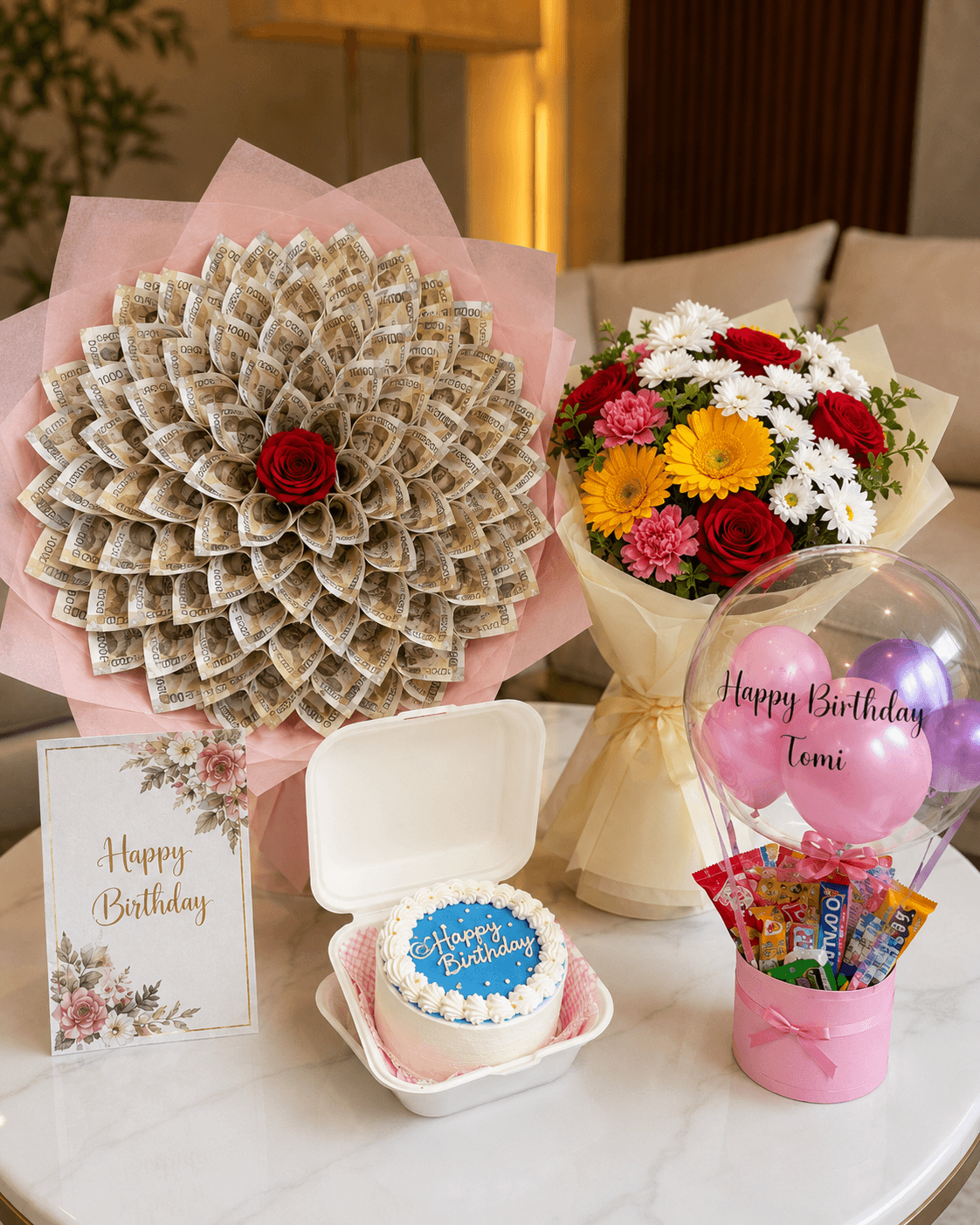 Trelluna ₦50,000 money bouquet with bento cake, flower bouquet, hot air balloon treats and customized card