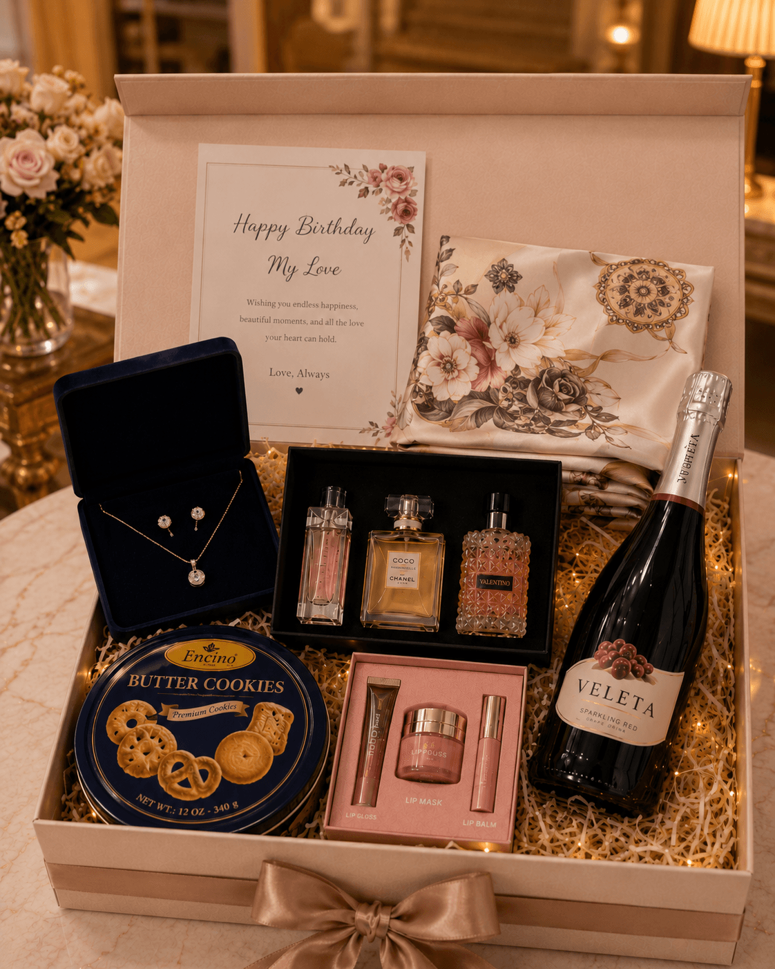 Trelluna For Her gift box with jewelry set, perfume, cookies, vintage scarf, sparkling drink, lip gloss and decor box