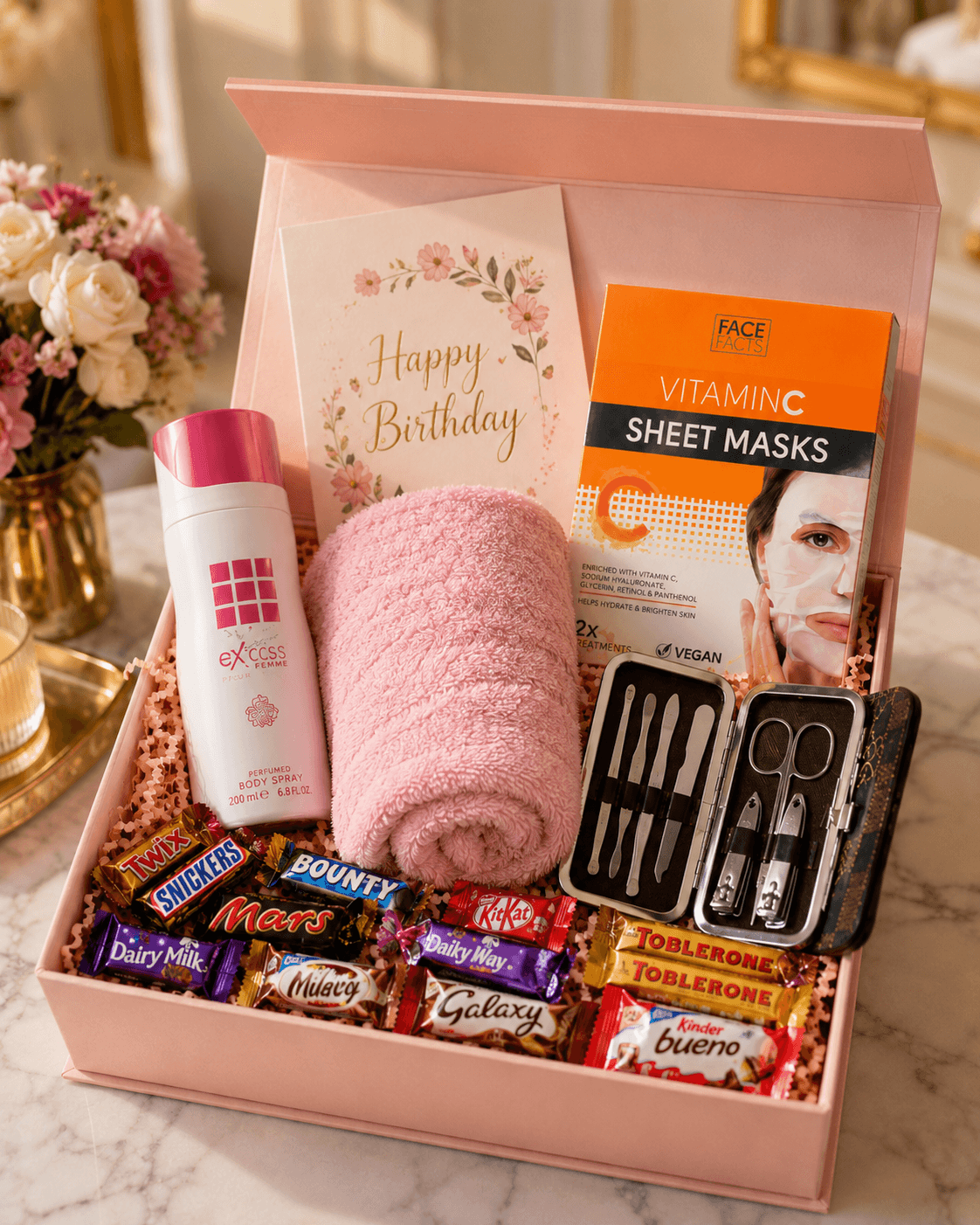 For Her Gift Box with Body Spray, Face Sheet, Chocolate, Manicure Set and Fluffy Towel, Card and Decor Box
