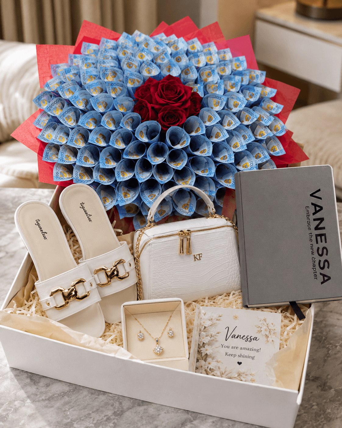 Trelluna For Her gift box with jewelry set, ₦50,000 cash, fashion slippers, fashion handbag, customized journal, card and decor box