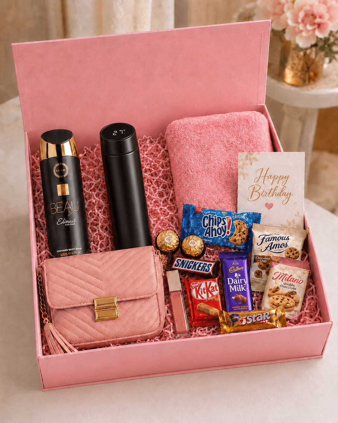 Trelluna For Her gift box with purse, lip gloss, body spray, fluffy towel, customized flasks, chocolate, cookies, card and decor box