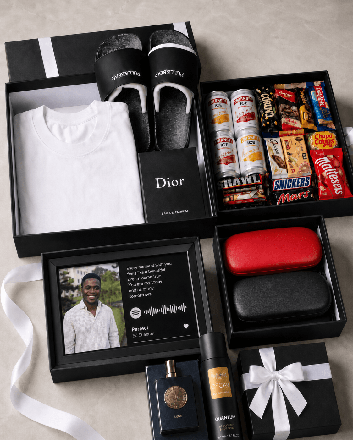 Trelluna For Him five senses gift package with polo, slide, Dior boxer, chocolates, cookies, Smirnoff, two glasses, scan code frame, perfume and body spray