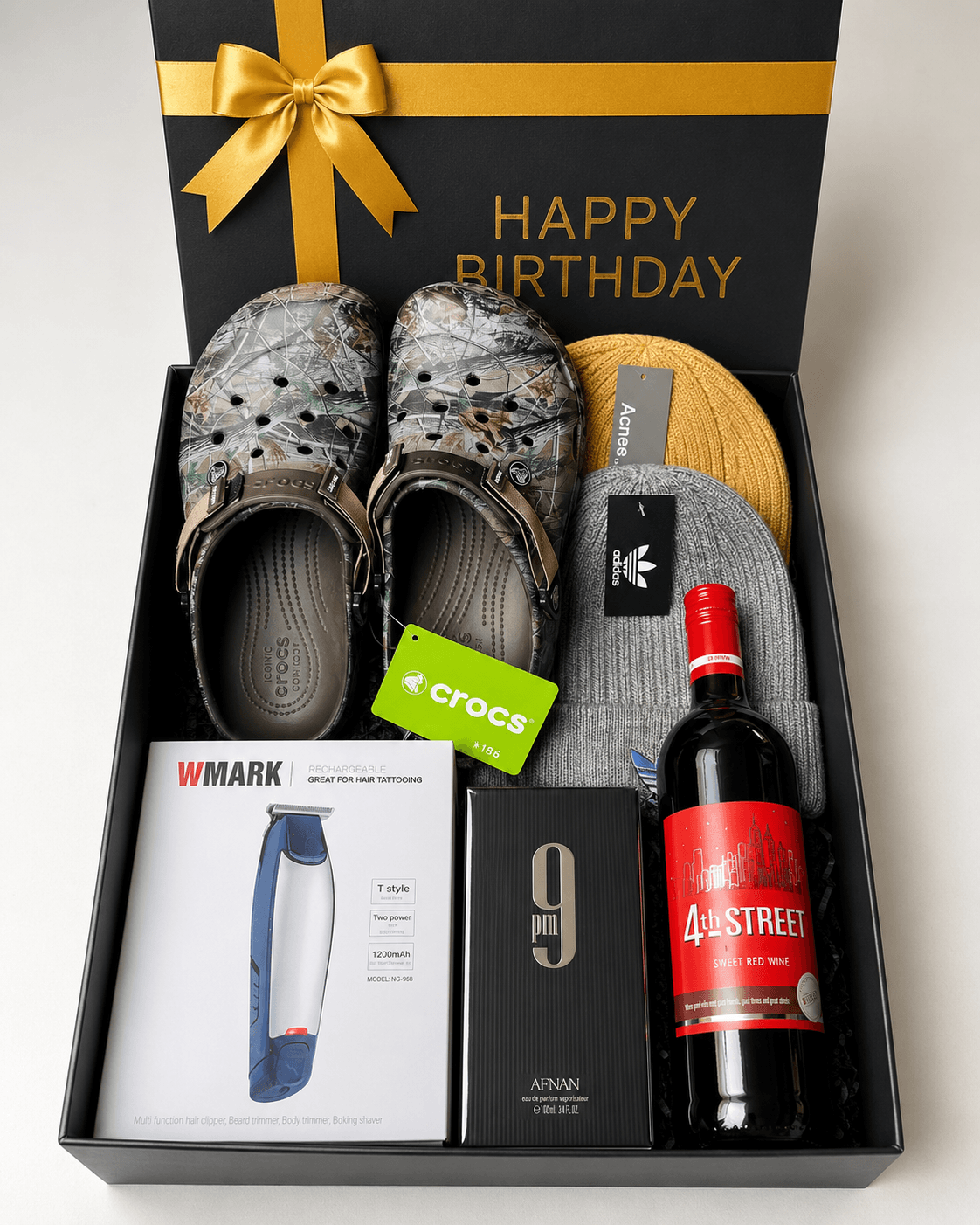 Trelluna For Him gift box with Crocs, perfume, clipper set, head warmer, non-alcoholic sparkling drink and decor box
