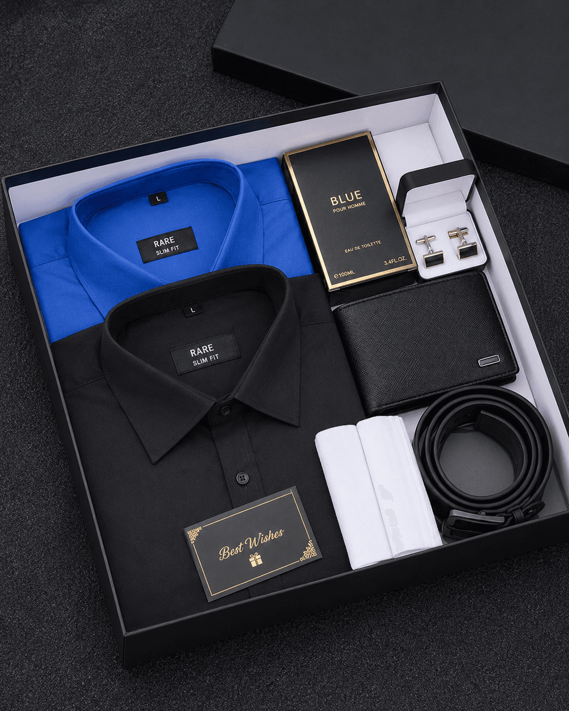 Trelluna For Him gift box with wallet, two shirts, perfume, belt, cufflinks, two handkerchiefs, card and decor box